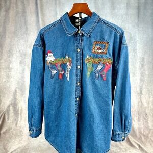 Vintage Denim Long Sleeve Shirt Christmas Embroidery Holiday Women's Size 2X